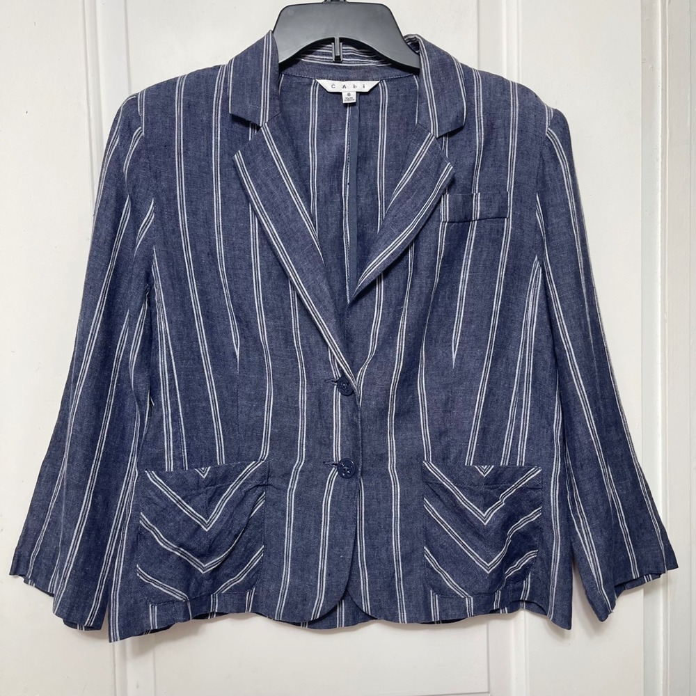 Cabi Nautical Pin Striped Blue Linen Blazer Size 8 - Picture 3 of 10